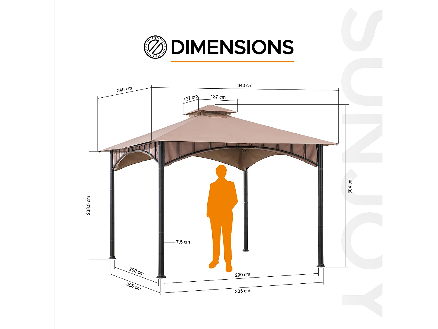 Tonnelle de jardin en acier ANETO 340cm x 340cm, toit à deux niveaux, couleur marron