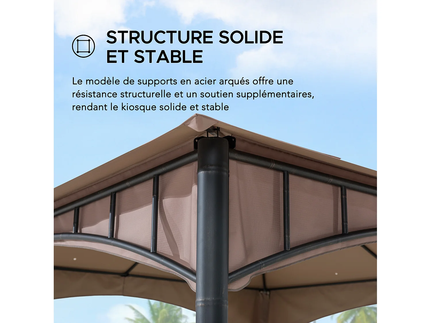 Tonnelle de jardin en acier ANETO 340cm x 340cm, toit à deux niveaux, couleur marron