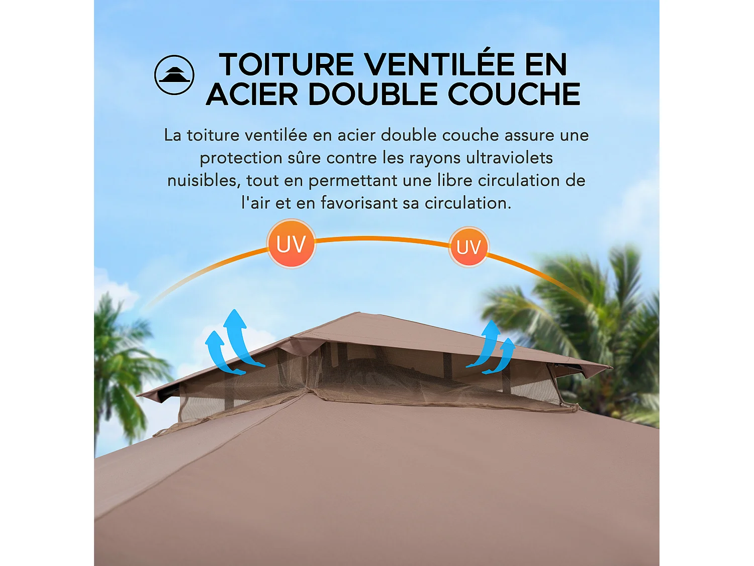 Tonnelle de jardin en acier ANETO 340cm x 340cm, toit à deux niveaux, couleur marron