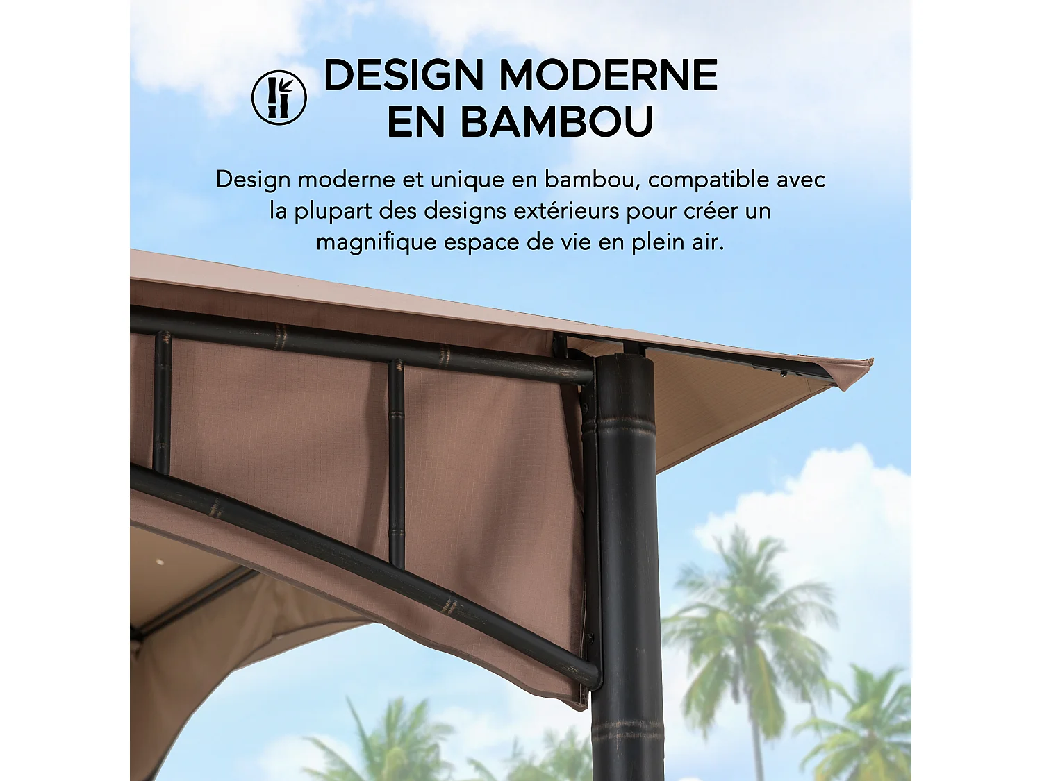 Tonnelle de jardin en acier ANETO 340cm x 340cm, toit à deux niveaux, couleur marron