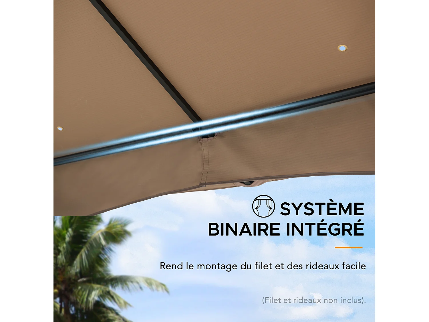 Tonnelle de jardin en acier ANETO 340cm x 340cm, toit à deux niveaux, couleur marron