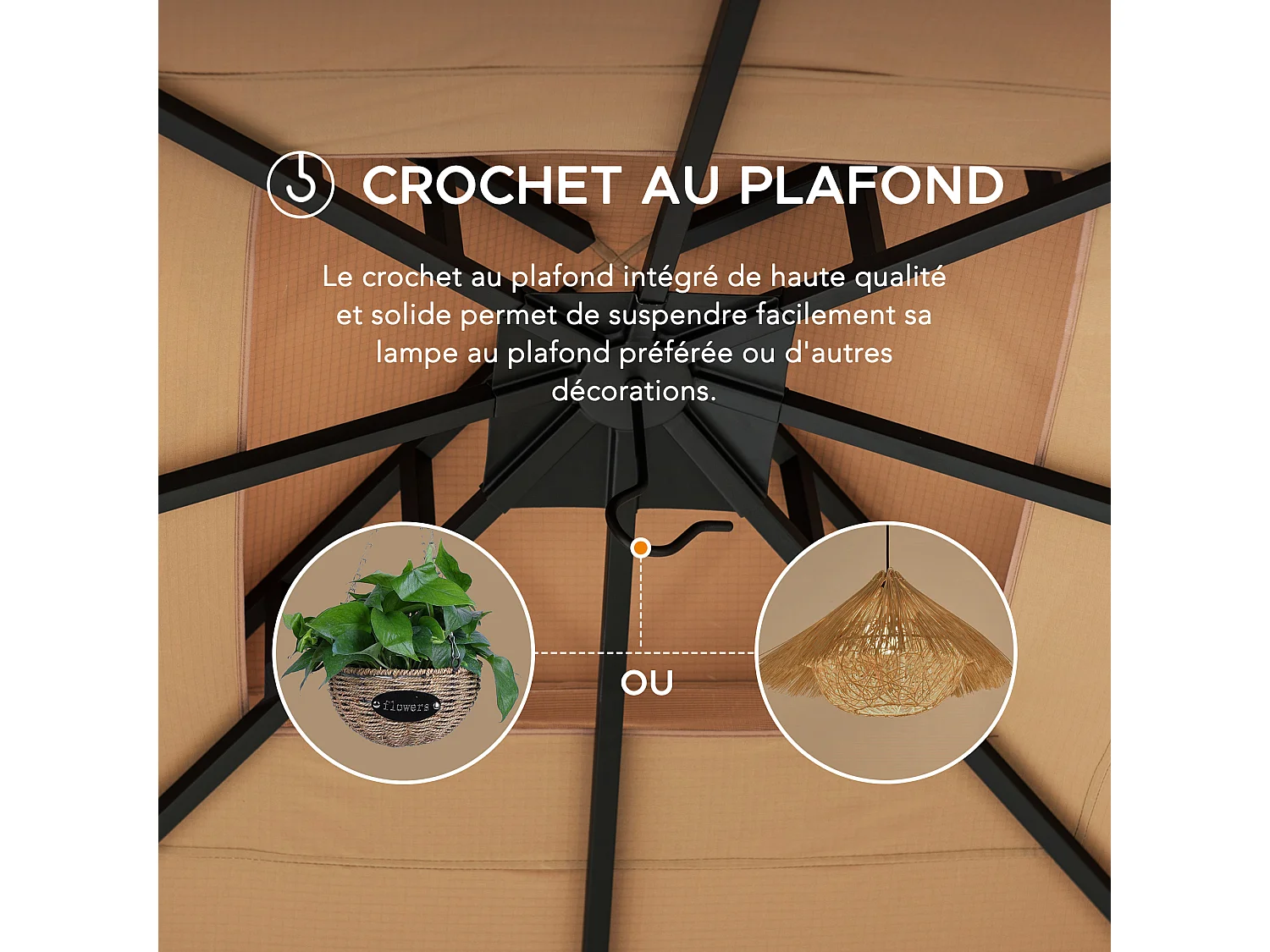 Tonnelle de jardin en acier ANETO 340cm x 340cm, toit à deux niveaux, couleur marron