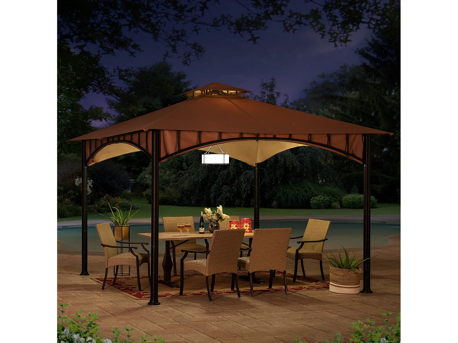 Tonnelle de jardin en acier ANETO 340cm x 340cm, toit à deux niveaux, couleur marron