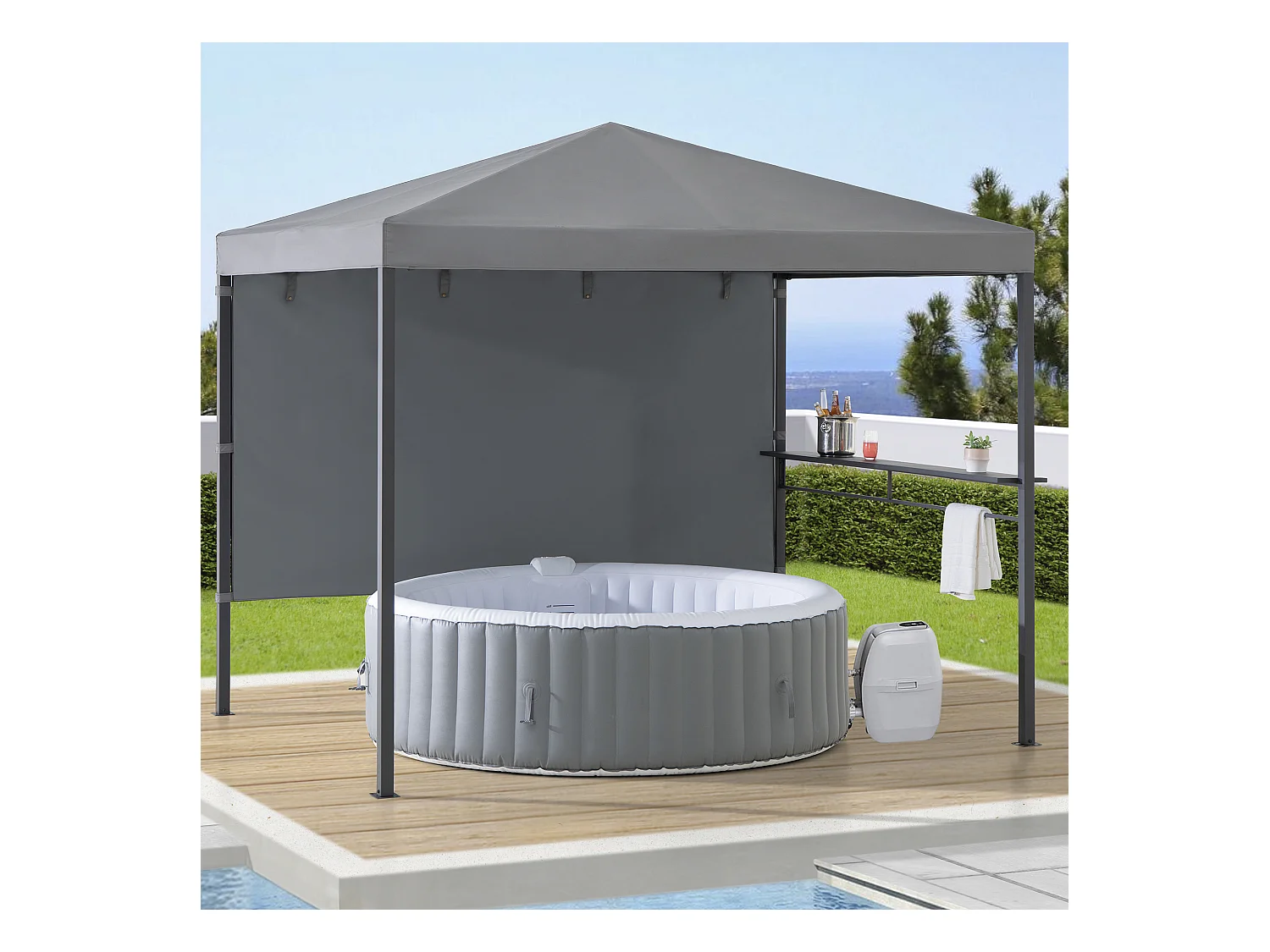 Pavillon Tonnelle de jardin en acier KABRU 220cm x 280cm, toit souple, gris