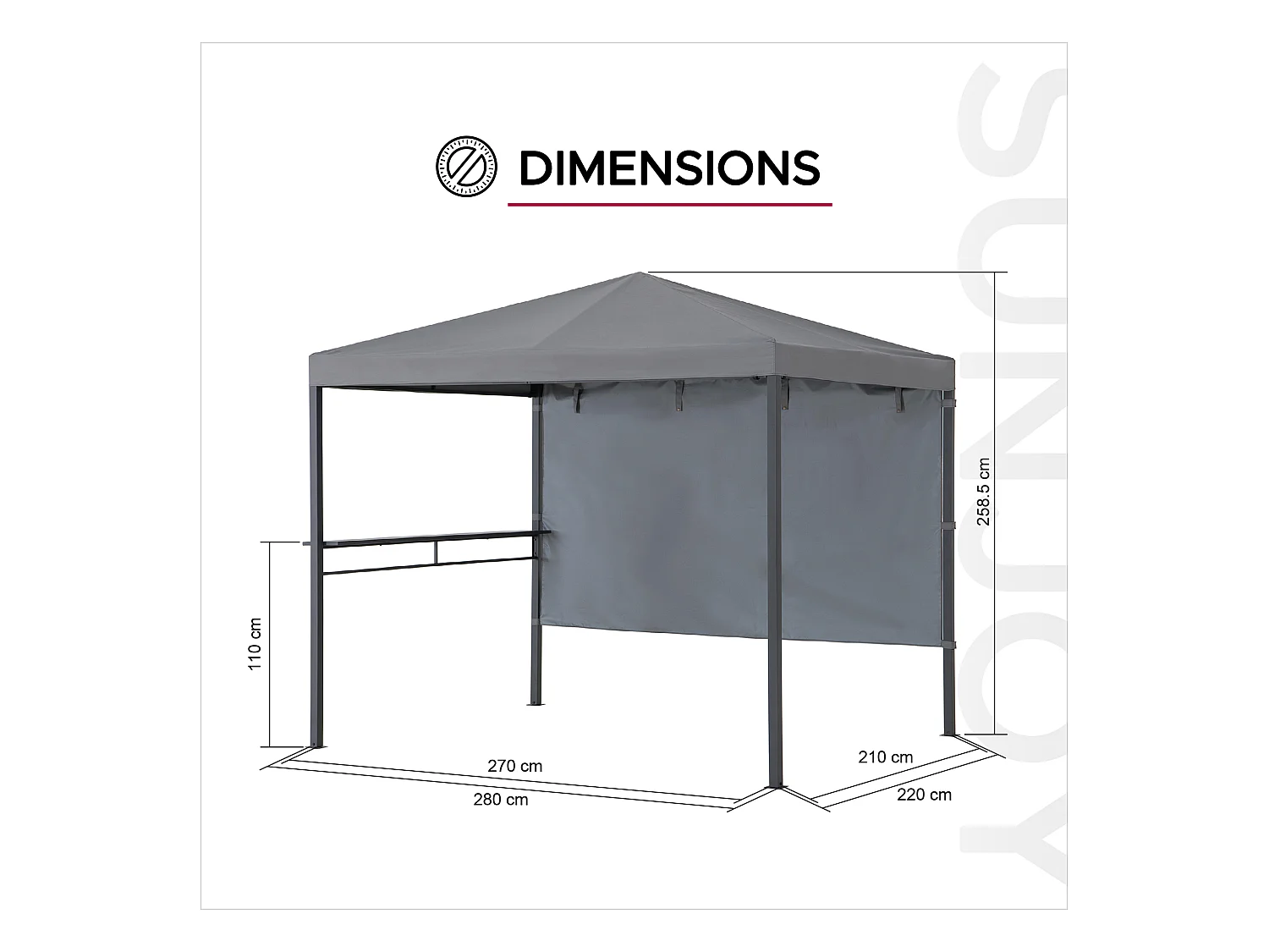 Pavillon Tonnelle de jardin en acier KABRU 220cm x 280cm, toit souple, gris