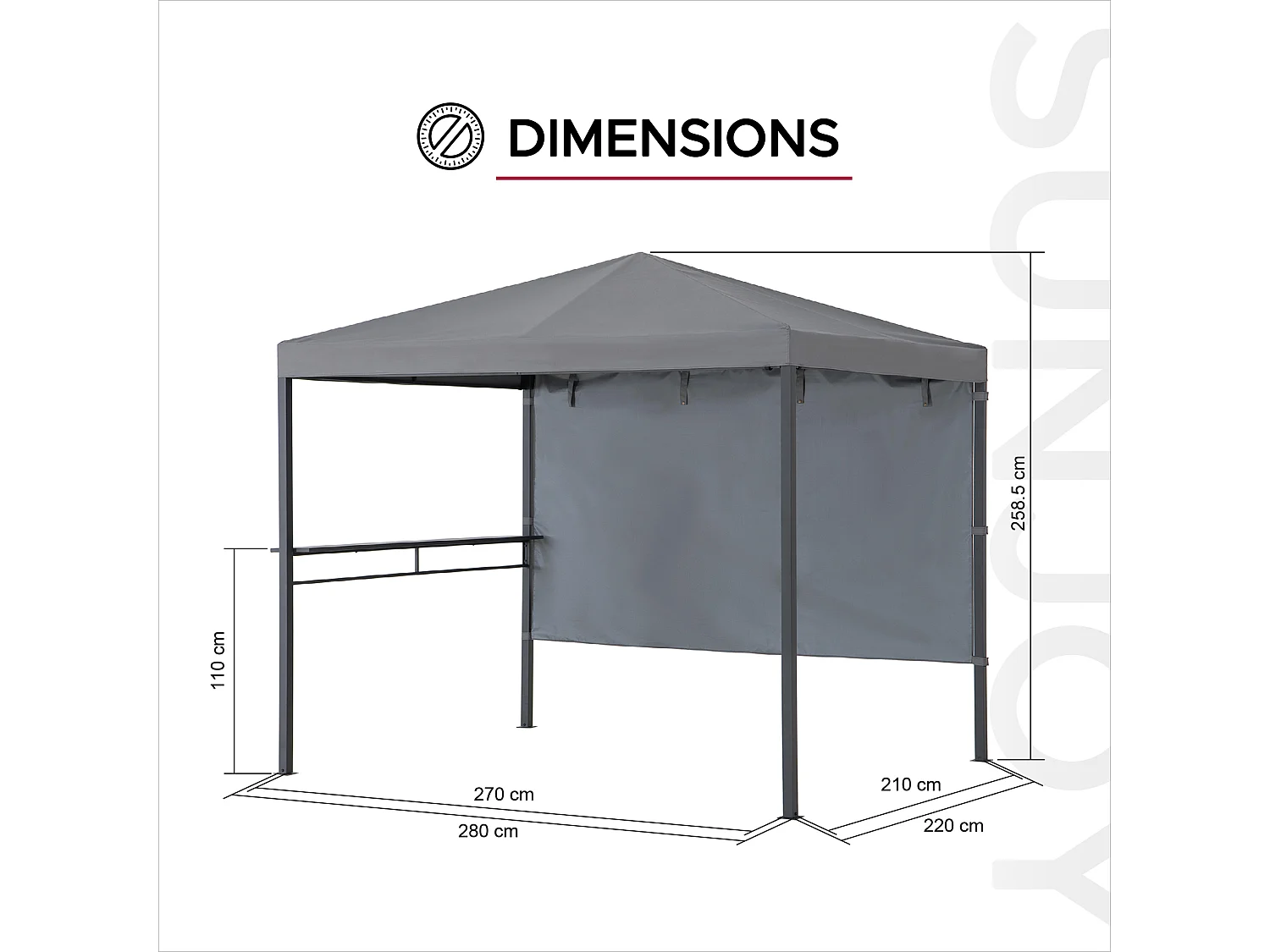 Pavillon Tonnelle de jardin en acier KABRU 220cm x 280cm, toit souple, gris