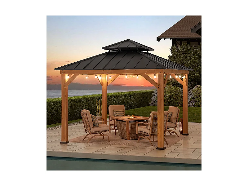 Tonnelle d'extérieur en bois avec toit rigide en acier anthracite et crochet de plafond KAPS 330 cm x 330 cm