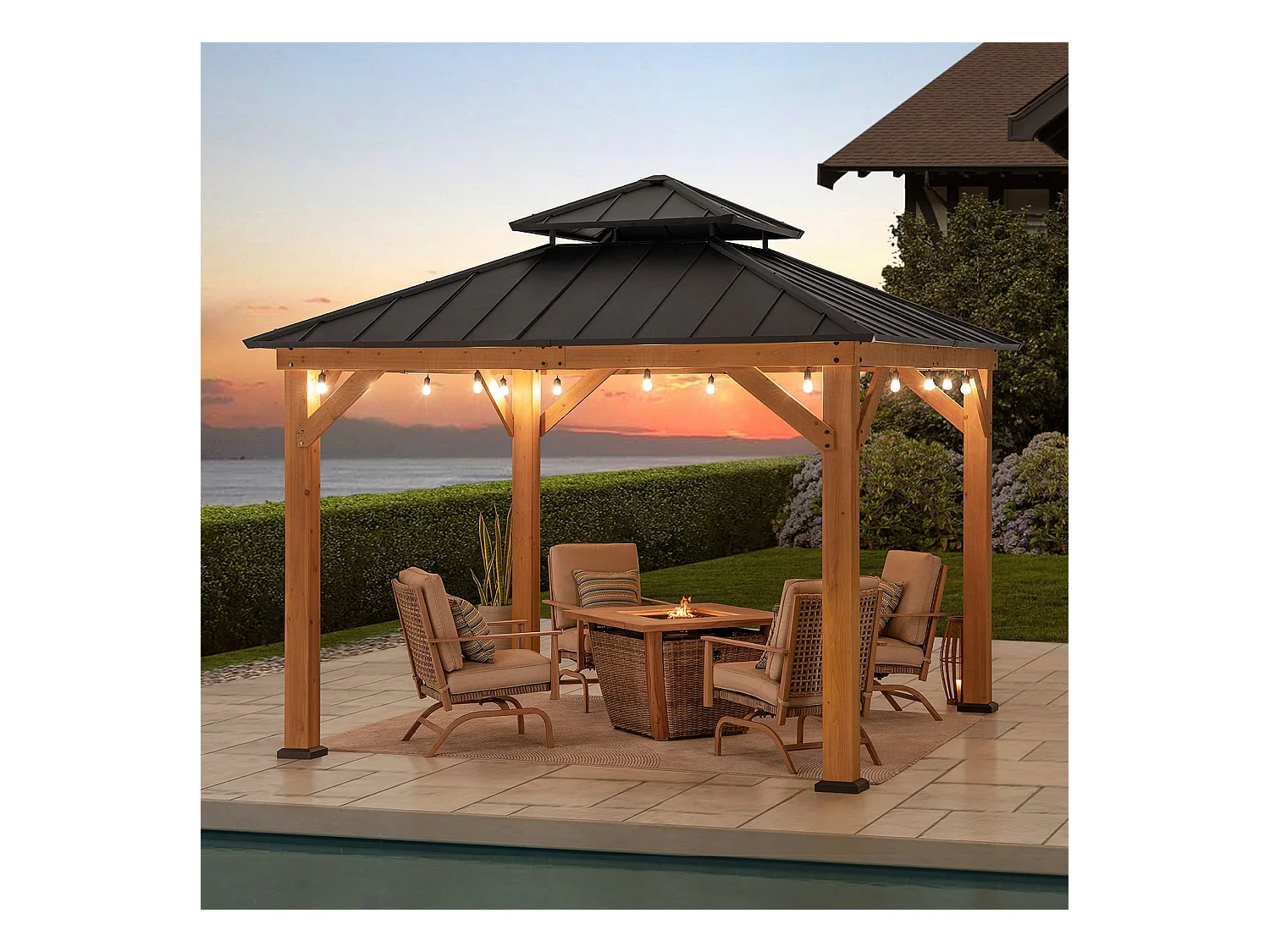 Tonnelle d'extérieur en bois avec toit rigide en acier anthracite et crochet de plafond KAPS 330 cm x 330 cm