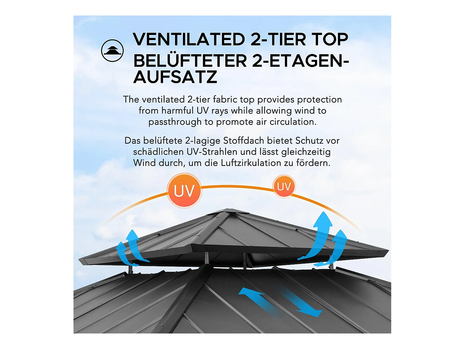 Tonnelle d'extérieur en bois avec toit rigide en acier anthracite et crochet de plafond KAPS 330 cm x 330 cm