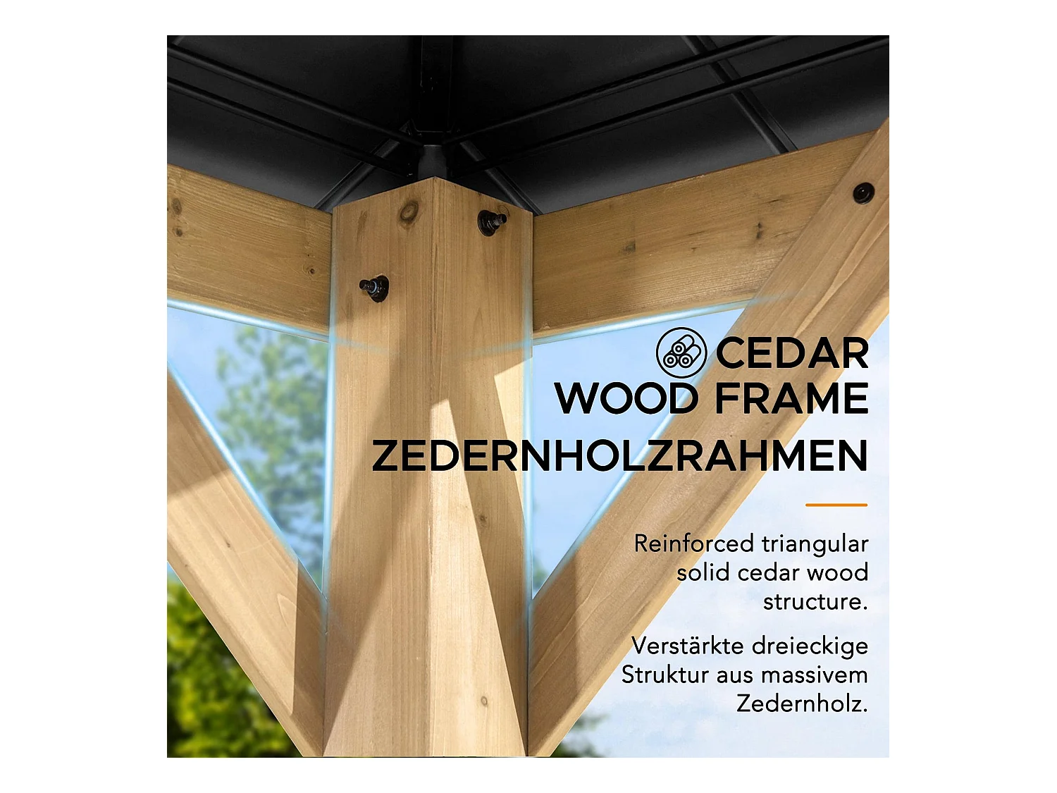 Tonnelle d'extérieur en bois avec toit rigide en acier anthracite et crochet de plafond KAPS 330 cm x 330 cm