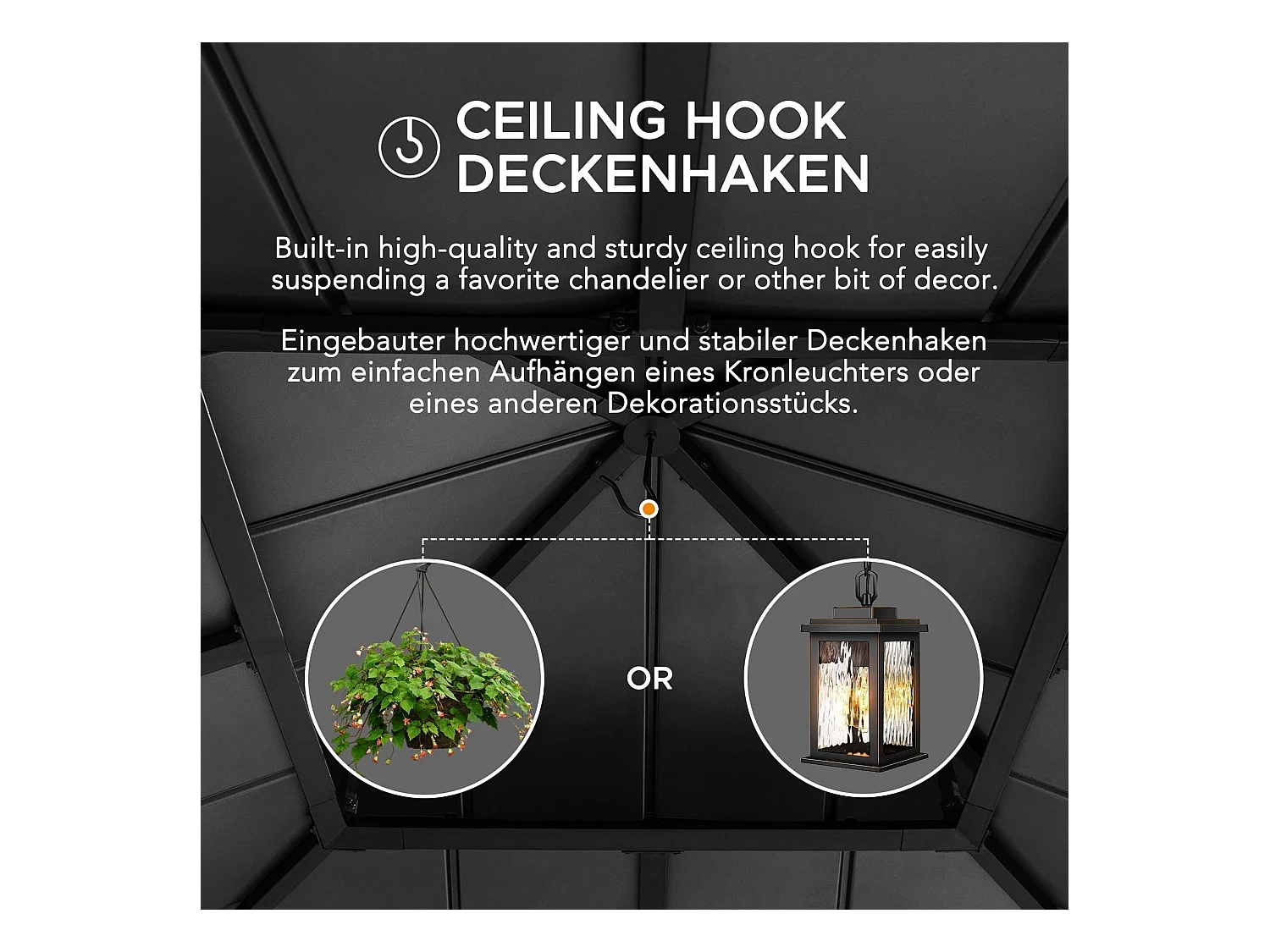 Tonnelle d'extérieur en bois avec toit rigide en acier anthracite et crochet de plafond KAPS 330 cm x 330 cm