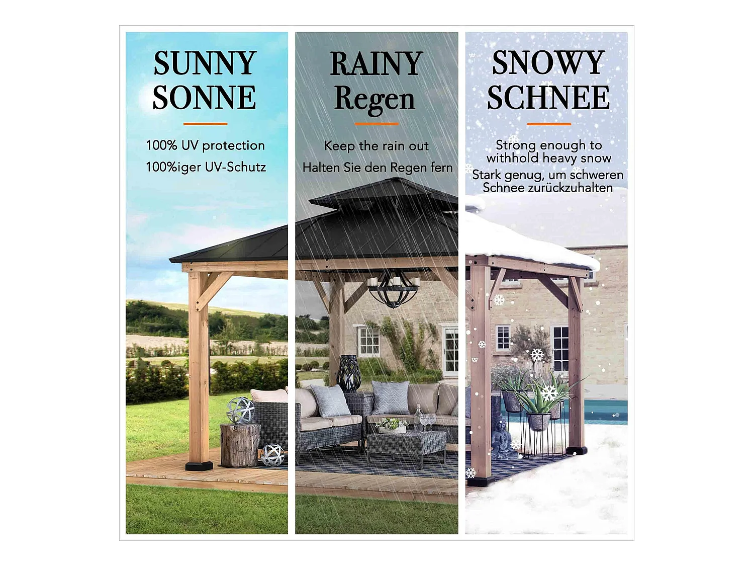 Tonnelle d'extérieur en bois avec toit rigide en acier anthracite et crochet de plafond KAPS 330 cm x 330 cm