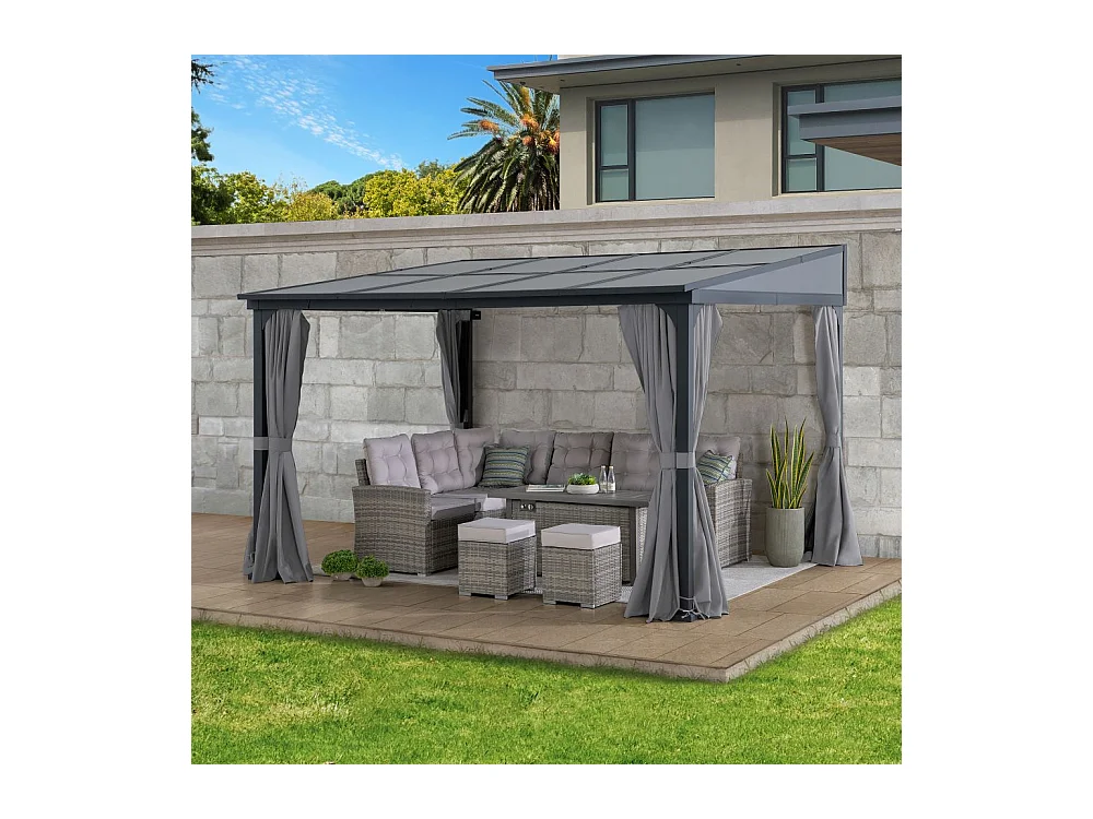 Tonnelle murale à toit métallique, tonnelle adossée avec rideau et filet MEIJE 360 cm x 300 cm