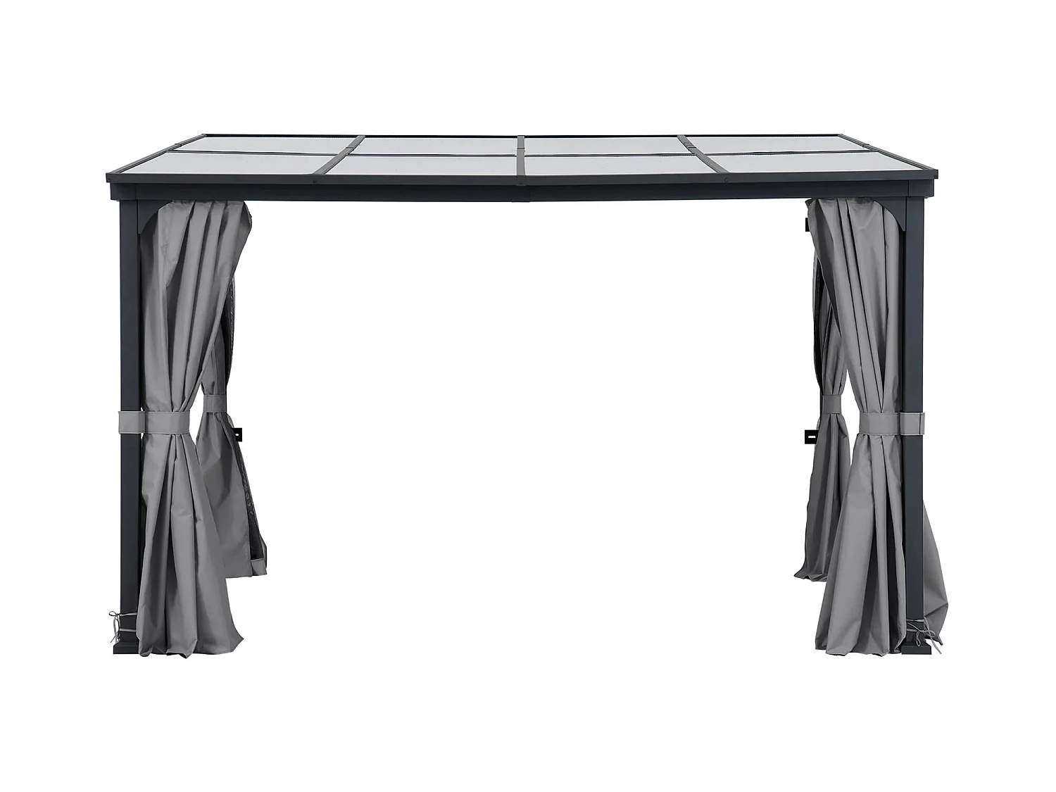 Tonnelle murale à toit métallique, tonnelle adossée avec rideau et filet MEIJE 360 cm x 300 cm