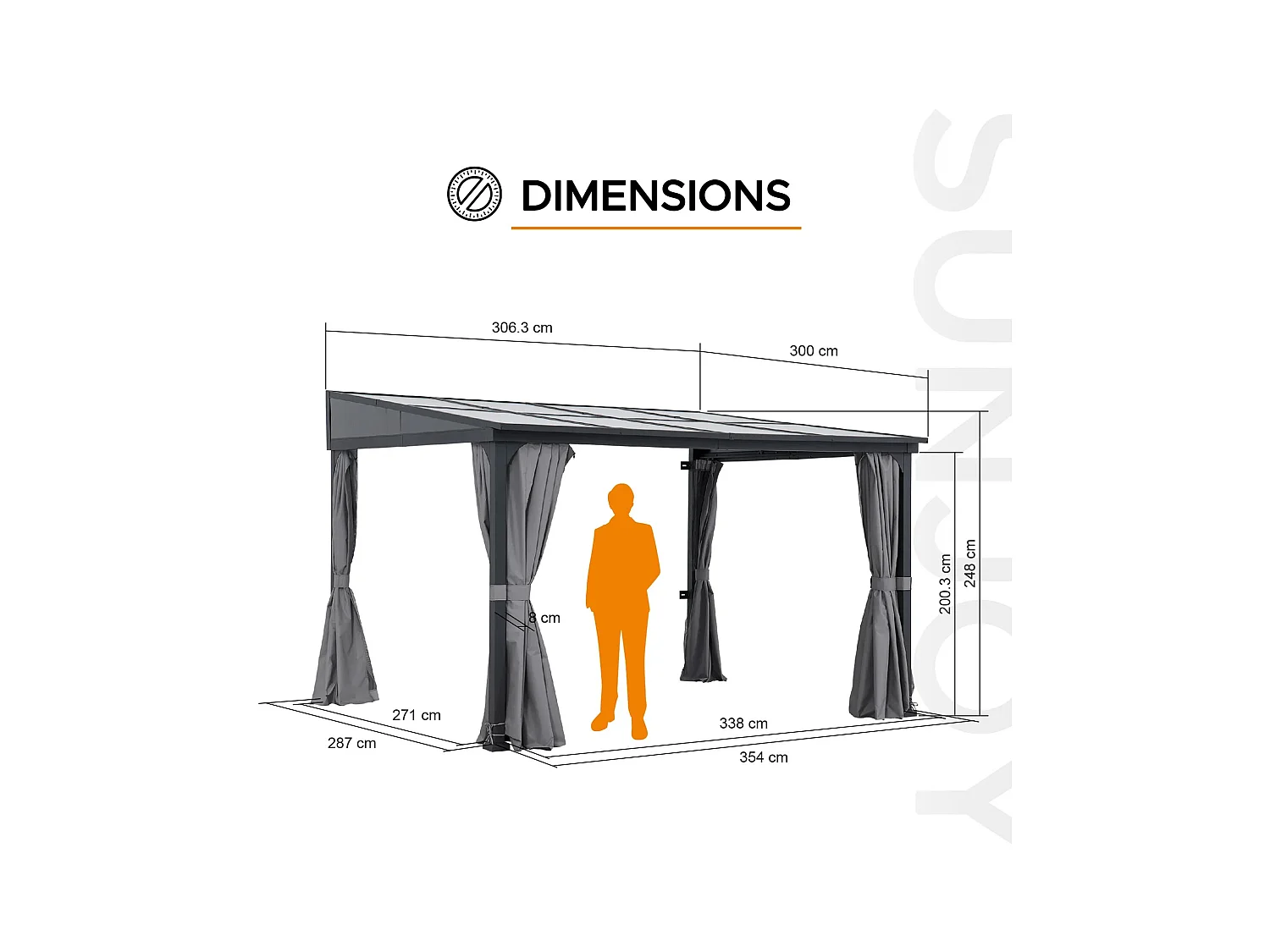 Tonnelle murale à toit métallique, tonnelle adossée avec rideau et filet MEIJE 360 cm x 300 cm