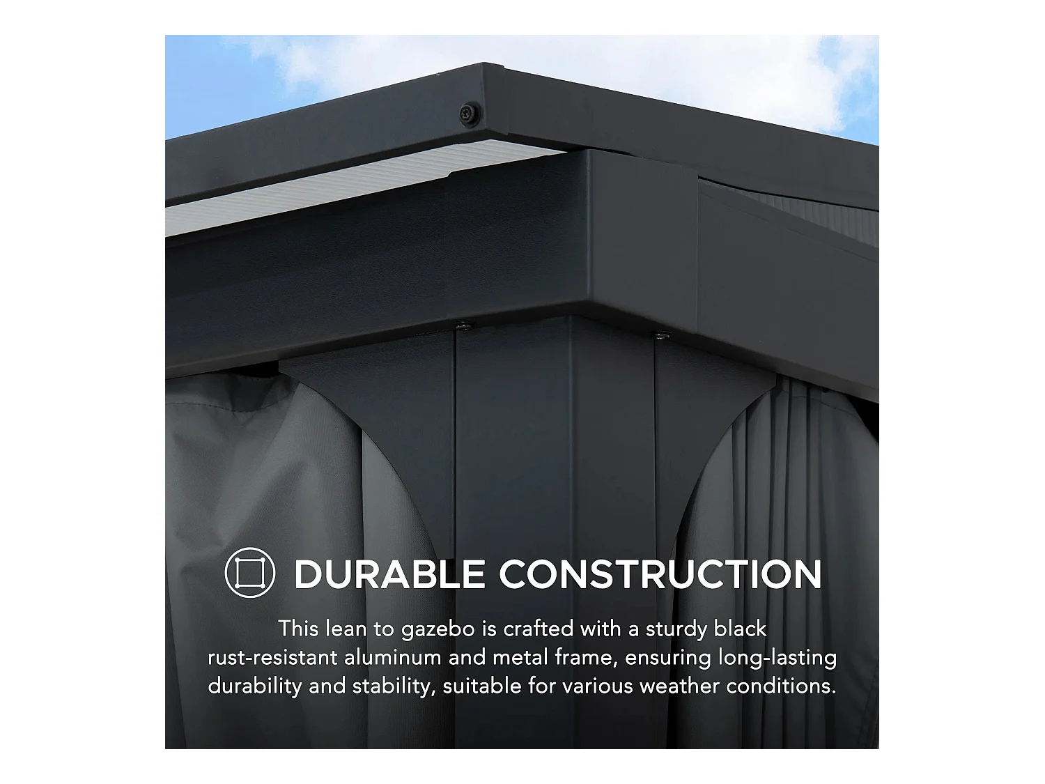 Tonnelle murale à toit métallique, tonnelle adossée avec rideau et filet MEIJE 360 cm x 300 cm