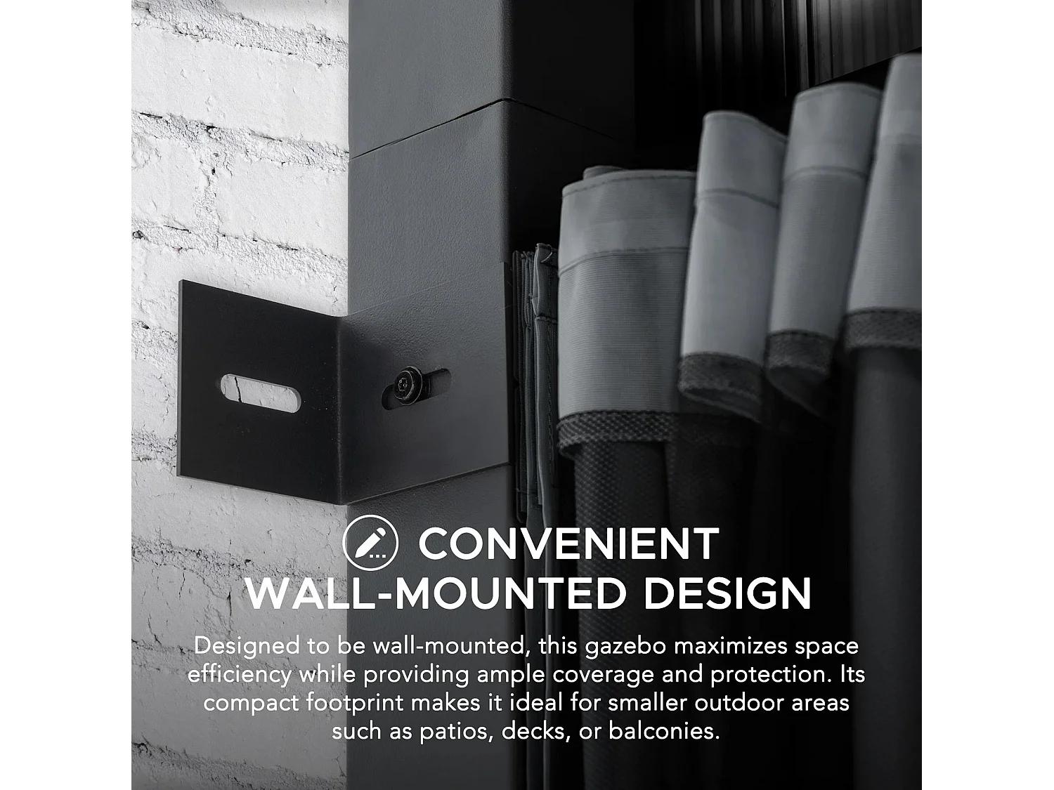 Tonnelle murale à toit métallique, tonnelle adossée avec rideau et filet MEIJE 360 cm x 300 cm