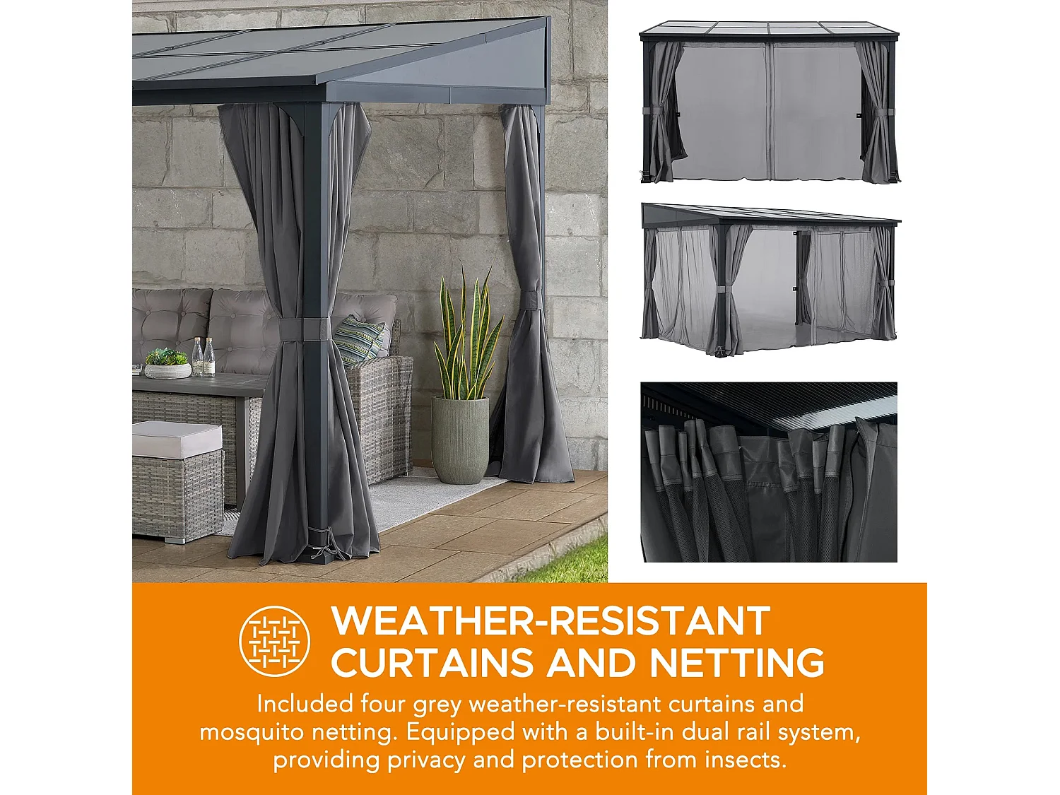 Tonnelle murale à toit métallique, tonnelle adossée avec rideau et filet MEIJE 360 cm x 300 cm