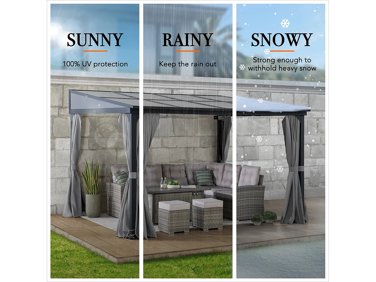 Tonnelle murale à toit métallique, tonnelle adossée avec rideau et filet MEIJE 360 cm x 300 cm