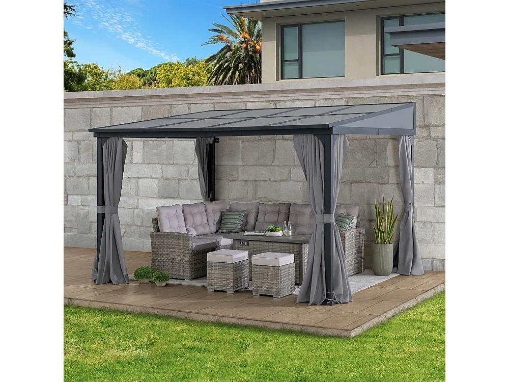 Tonnelle murale à toit métallique, tonnelle adossée avec rideau et filet MEIJE 360 cm x 300 cm