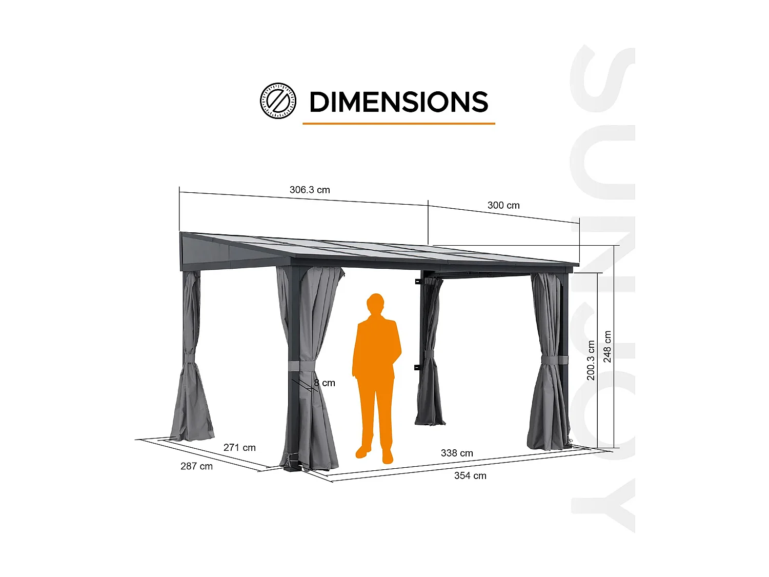 Tonnelle murale à toit métallique, tonnelle adossée avec rideau et filet MEIJE 360 cm x 300 cm