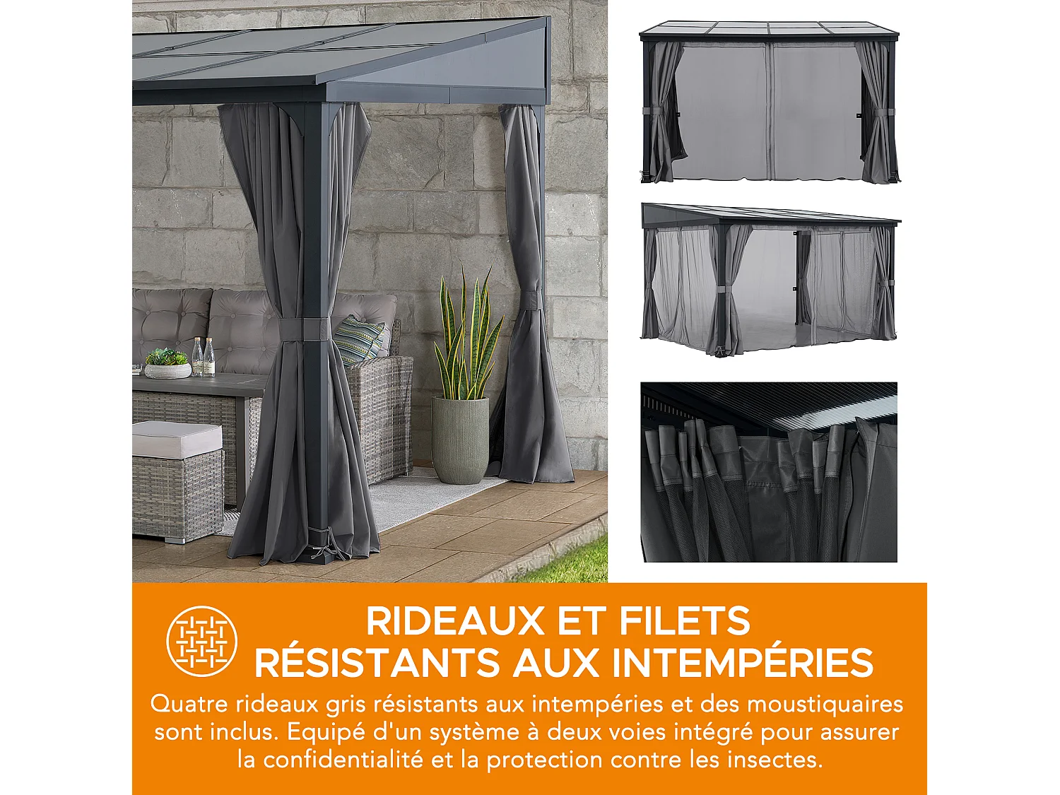 Tonnelle murale à toit métallique, tonnelle adossée avec rideau et filet MEIJE 360 cm x 300 cm