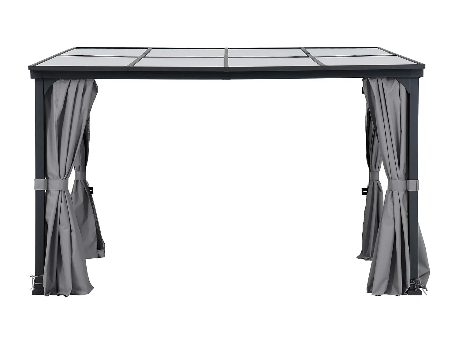 Tonnelle murale à toit métallique, tonnelle adossée avec rideau et filet MEIJE 360 cm x 300 cm