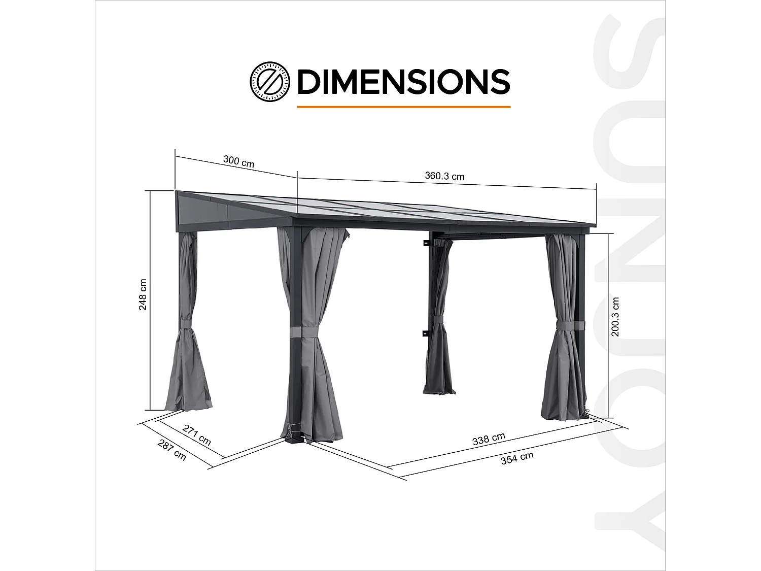 Tonnelle murale à toit métallique, tonnelle adossée avec rideau et filet MEIJE 360 cm x 300 cm