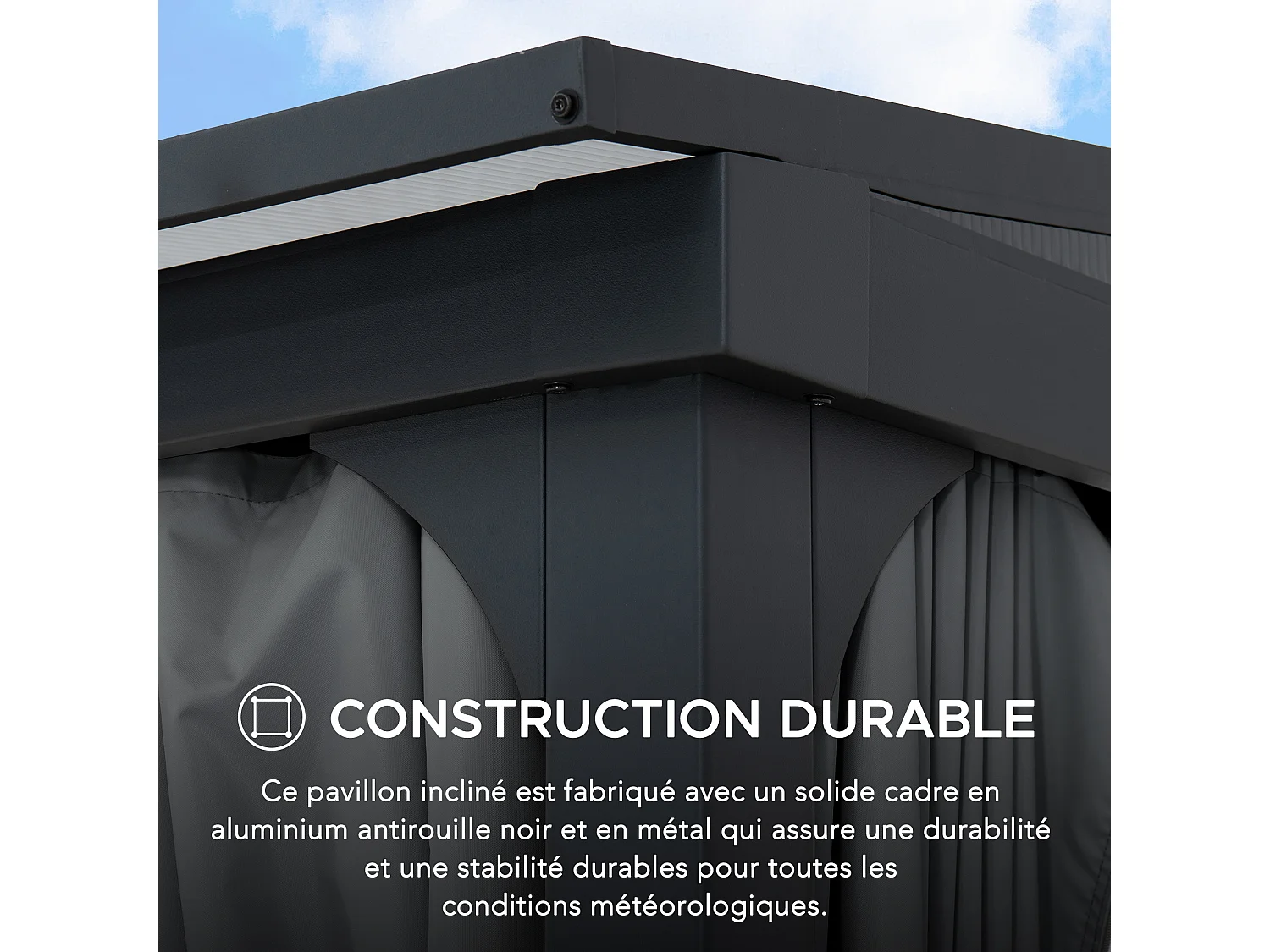 Tonnelle murale à toit métallique, tonnelle adossée avec rideau et filet MEIJE 360 cm x 300 cm