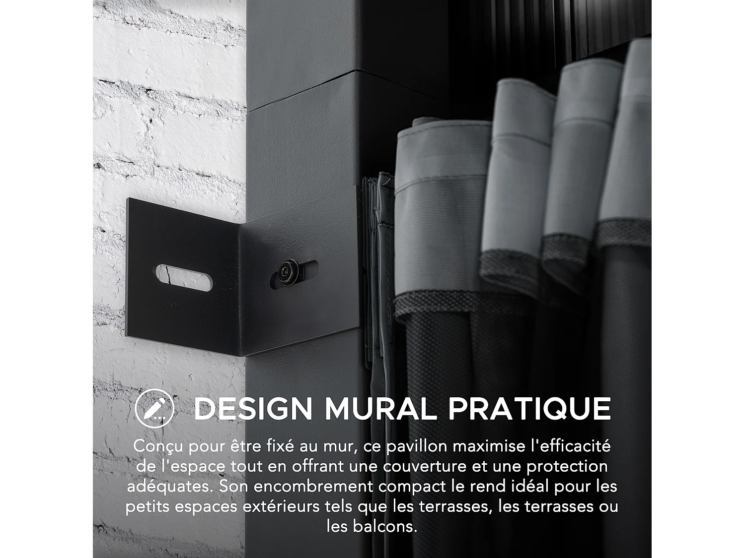 Tonnelle murale à toit métallique, tonnelle adossée avec rideau et filet MEIJE 360 cm x 300 cm