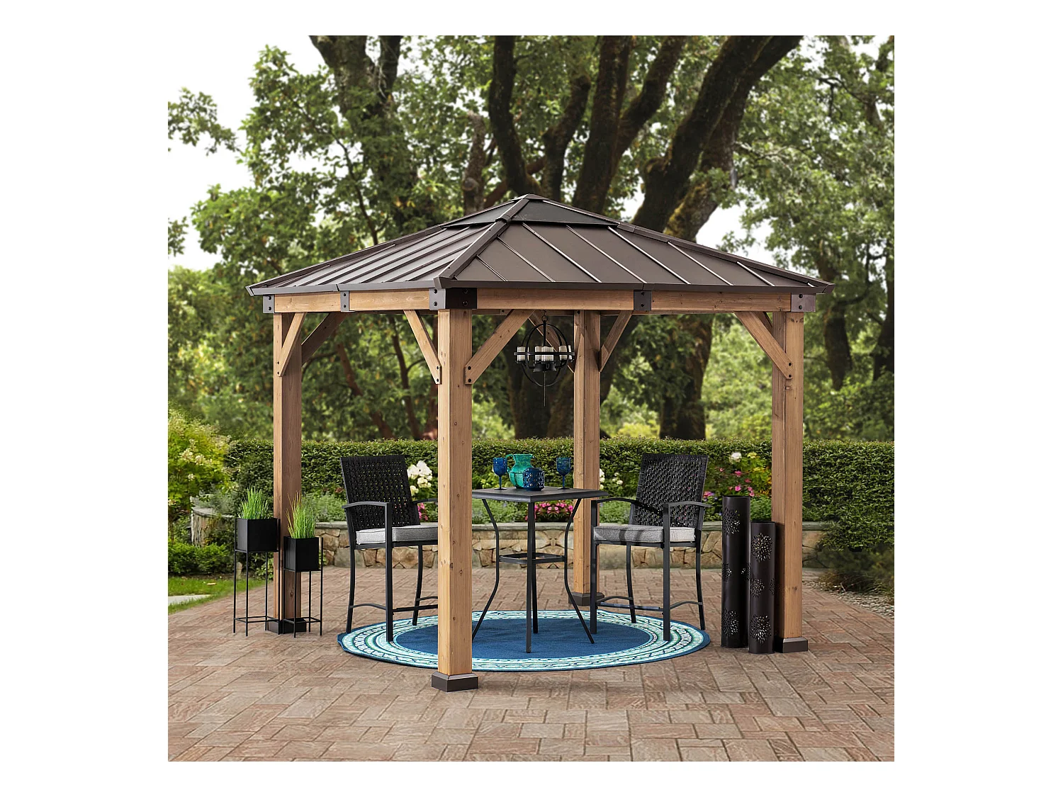 Tonnelle en bois avec toit en polycarbonate et acier brun RAPI 273cm x 273cm