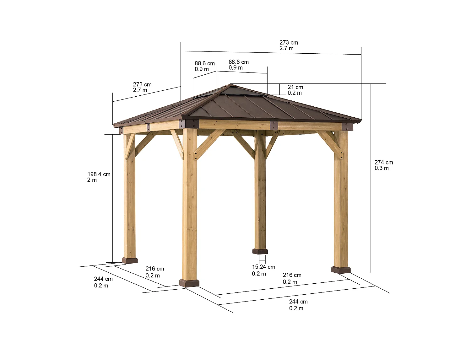 Tonnelle en bois avec toit en polycarbonate et acier brun RAPI 273cm x 273cm