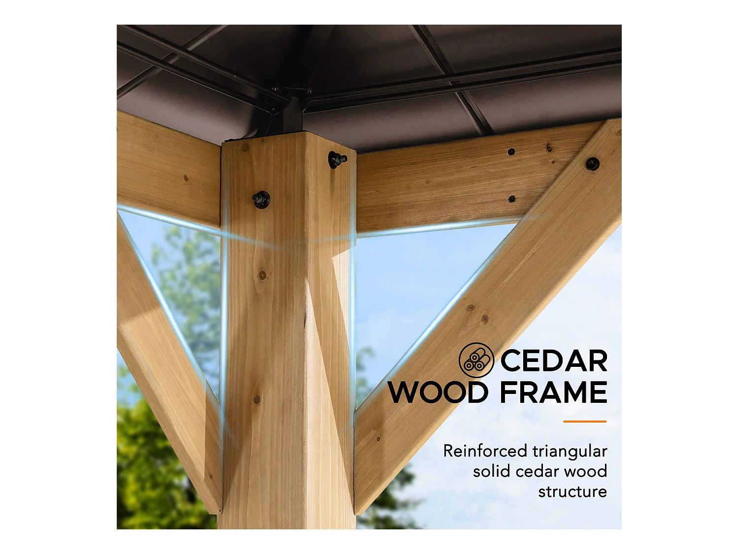 Tonnelle en bois avec toit en polycarbonate et acier brun RAPI 273cm x 273cm