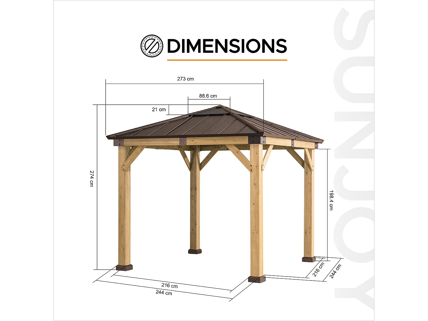 Tonnelle en bois avec toit en polycarbonate et acier brun RAPI 273cm x 273cm