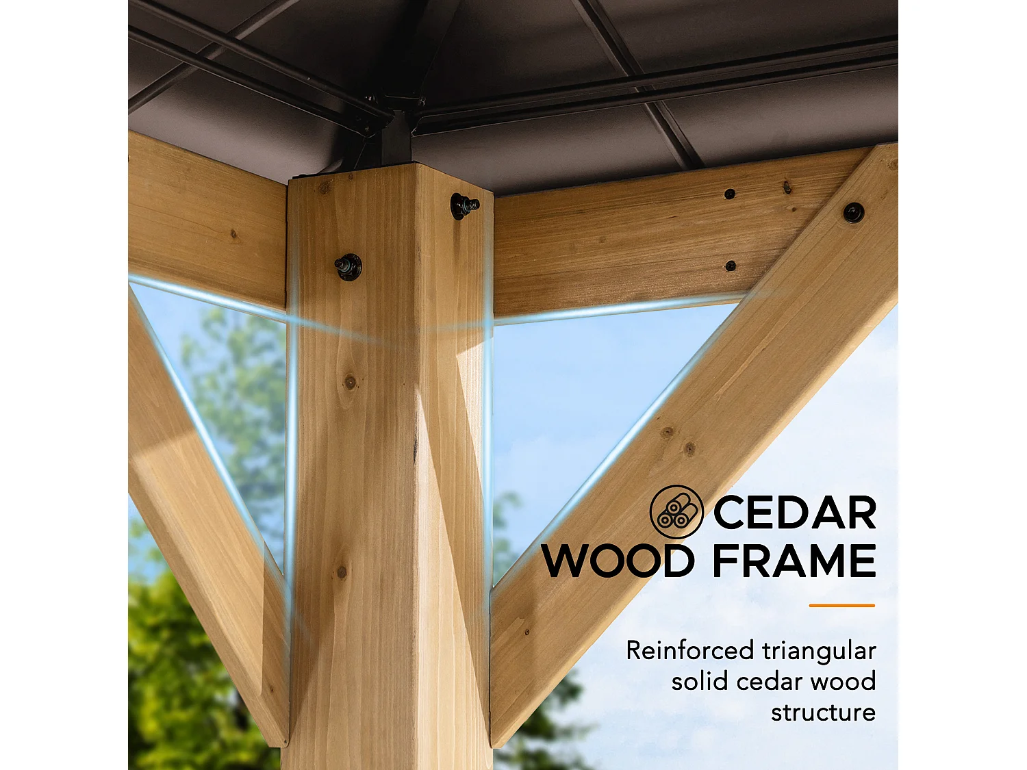 Tonnelle en bois avec toit en polycarbonate et acier brun RAPI 273cm x 273cm