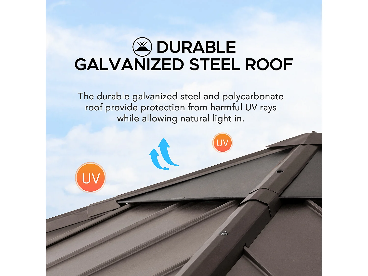 Tonnelle en bois avec toit en polycarbonate et acier brun RAPI 273cm x 273cm