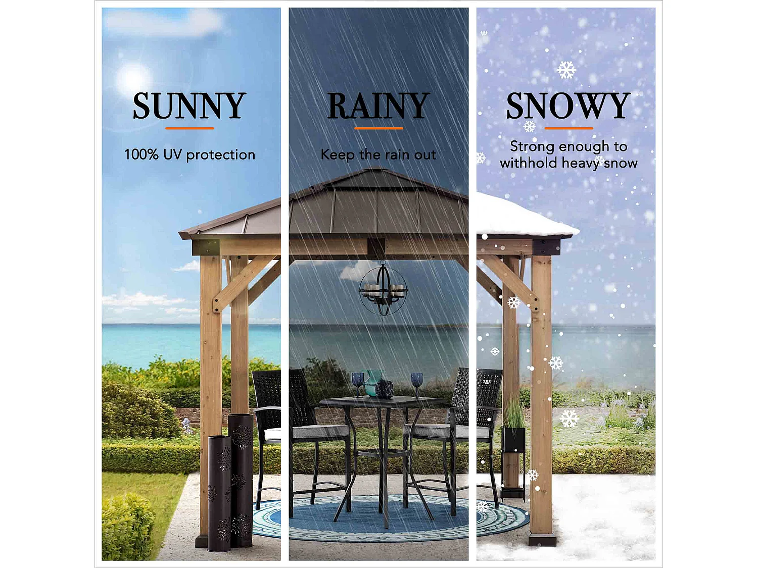 Tonnelle en bois avec toit en polycarbonate et acier brun RAPI 273cm x 273cm