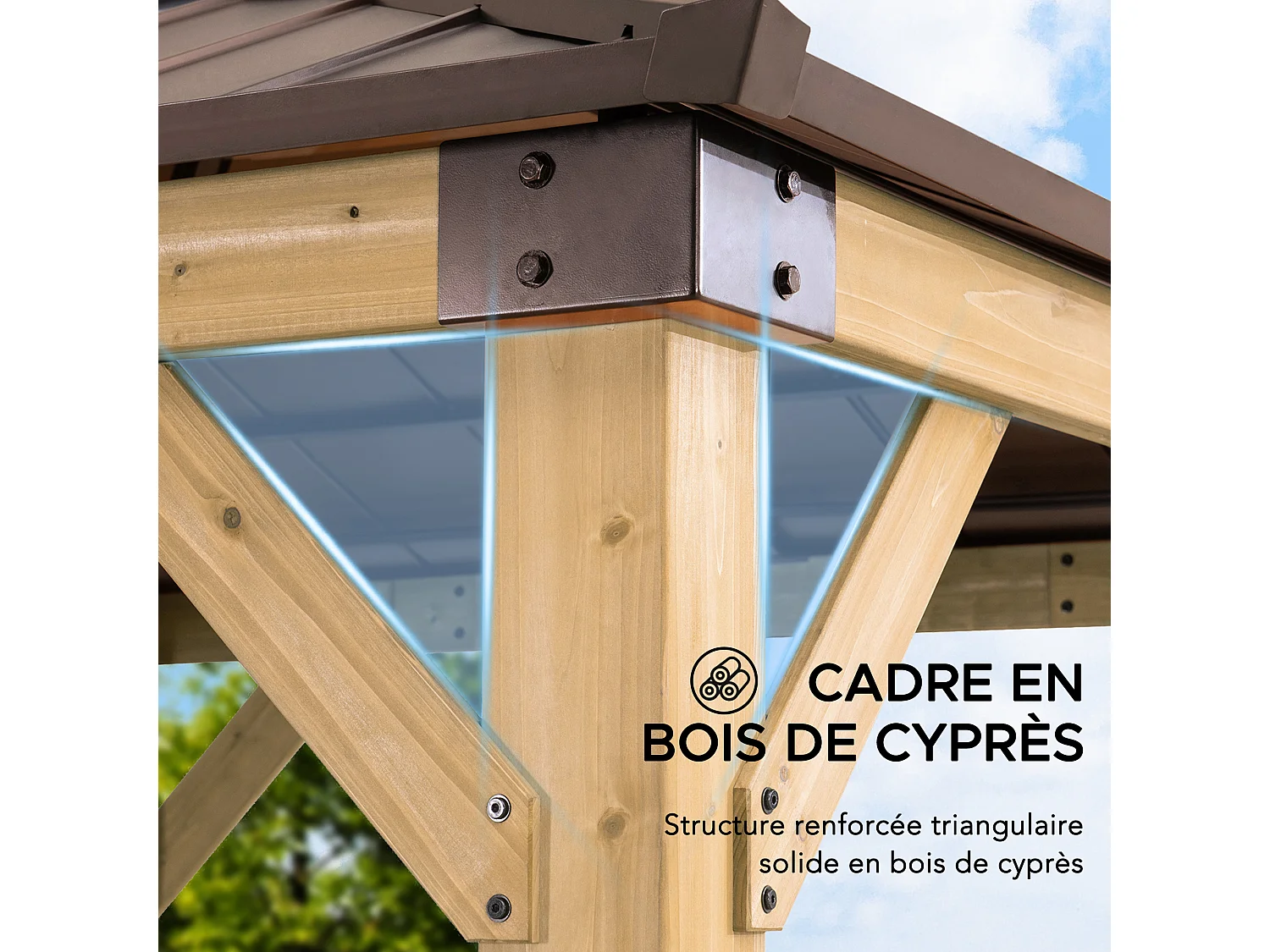 Tonnelle en bois avec toit en polycarbonate et acier brun RAPI 273cm x 273cm