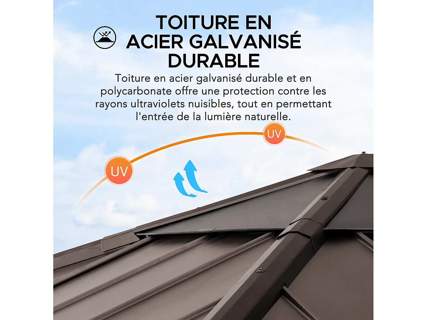 Tonnelle en bois avec toit en polycarbonate et acier brun RAPI 273cm x 273cm