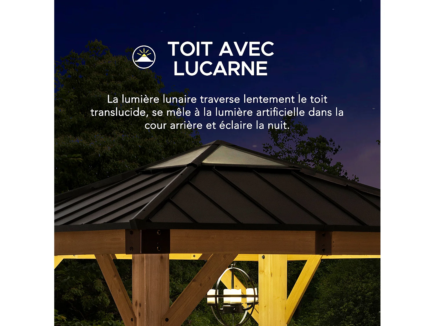 Tonnelle en bois avec toit en polycarbonate et acier brun RAPI 273cm x 273cm