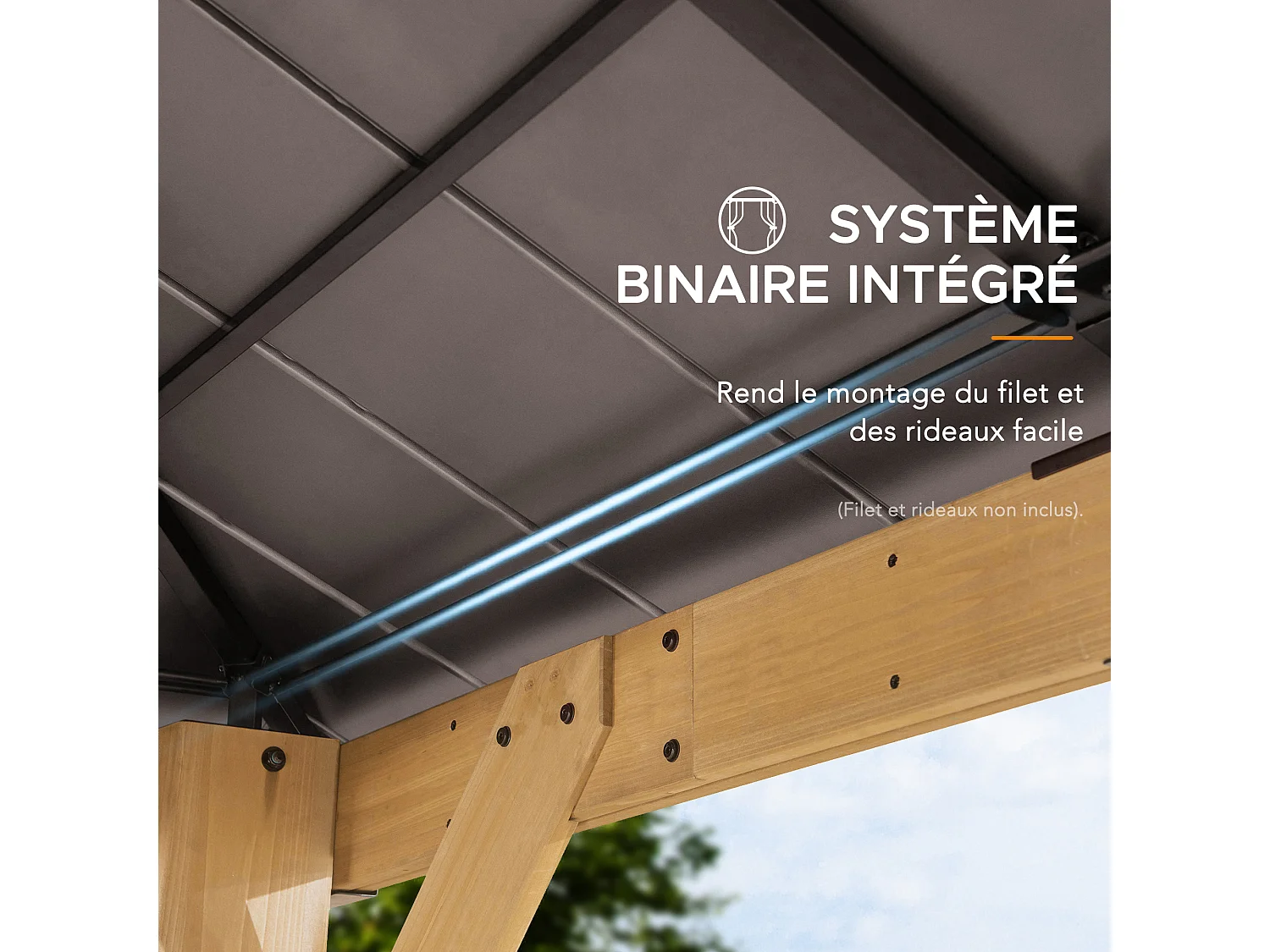 Tonnelle en bois avec toit en polycarbonate et acier brun RAPI 273cm x 273cm