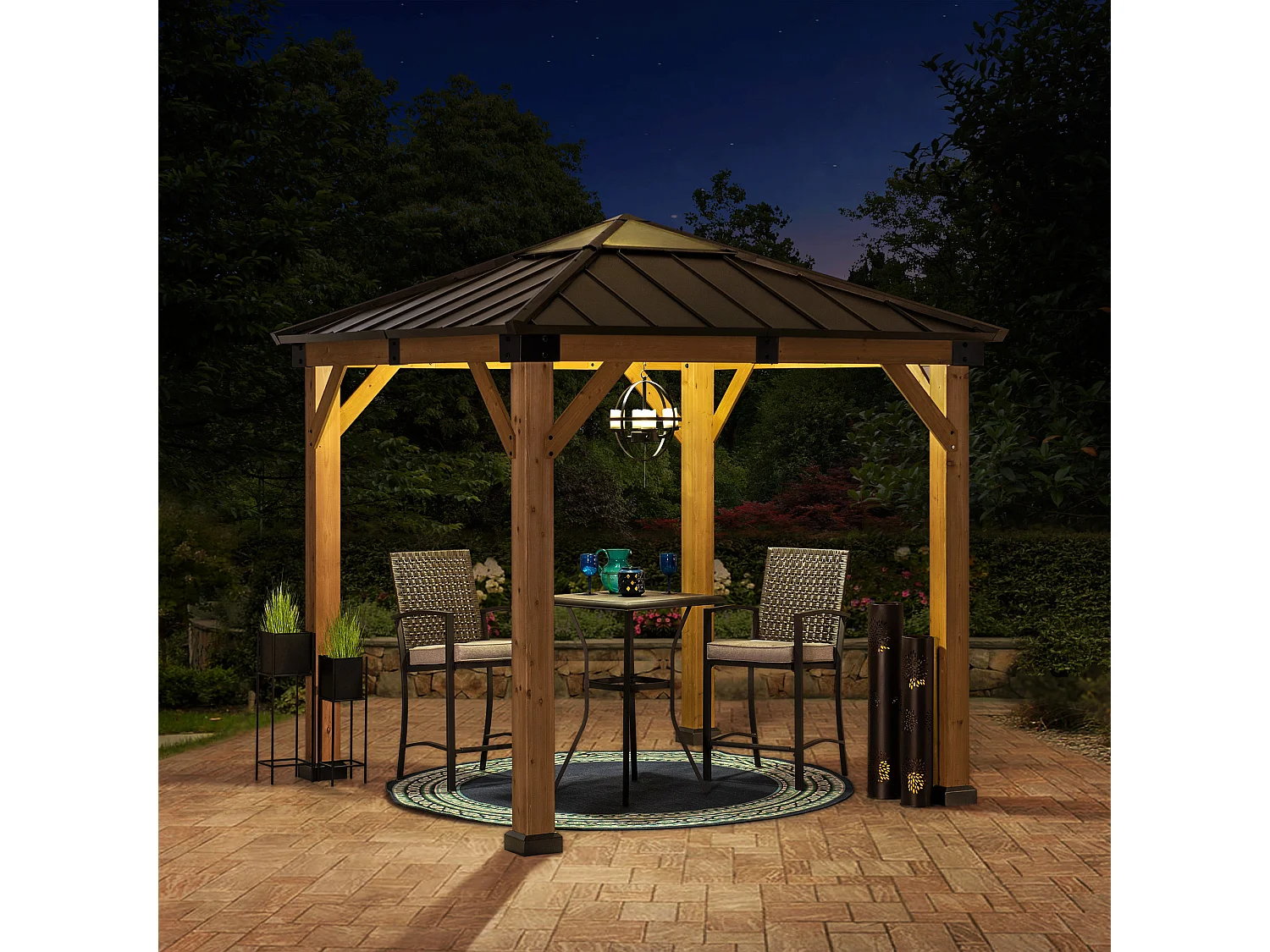 Tonnelle en bois avec toit en polycarbonate et acier brun RAPI 273cm x 273cm