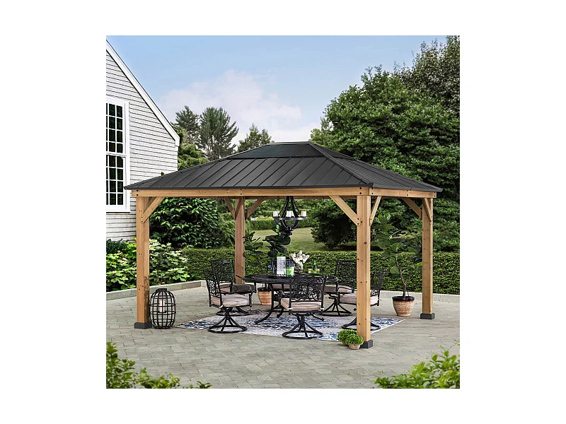 Pavillon en bois avec cadre en acier anthracite et lucarne en polycarbonate BRURI 335cm x 393cm