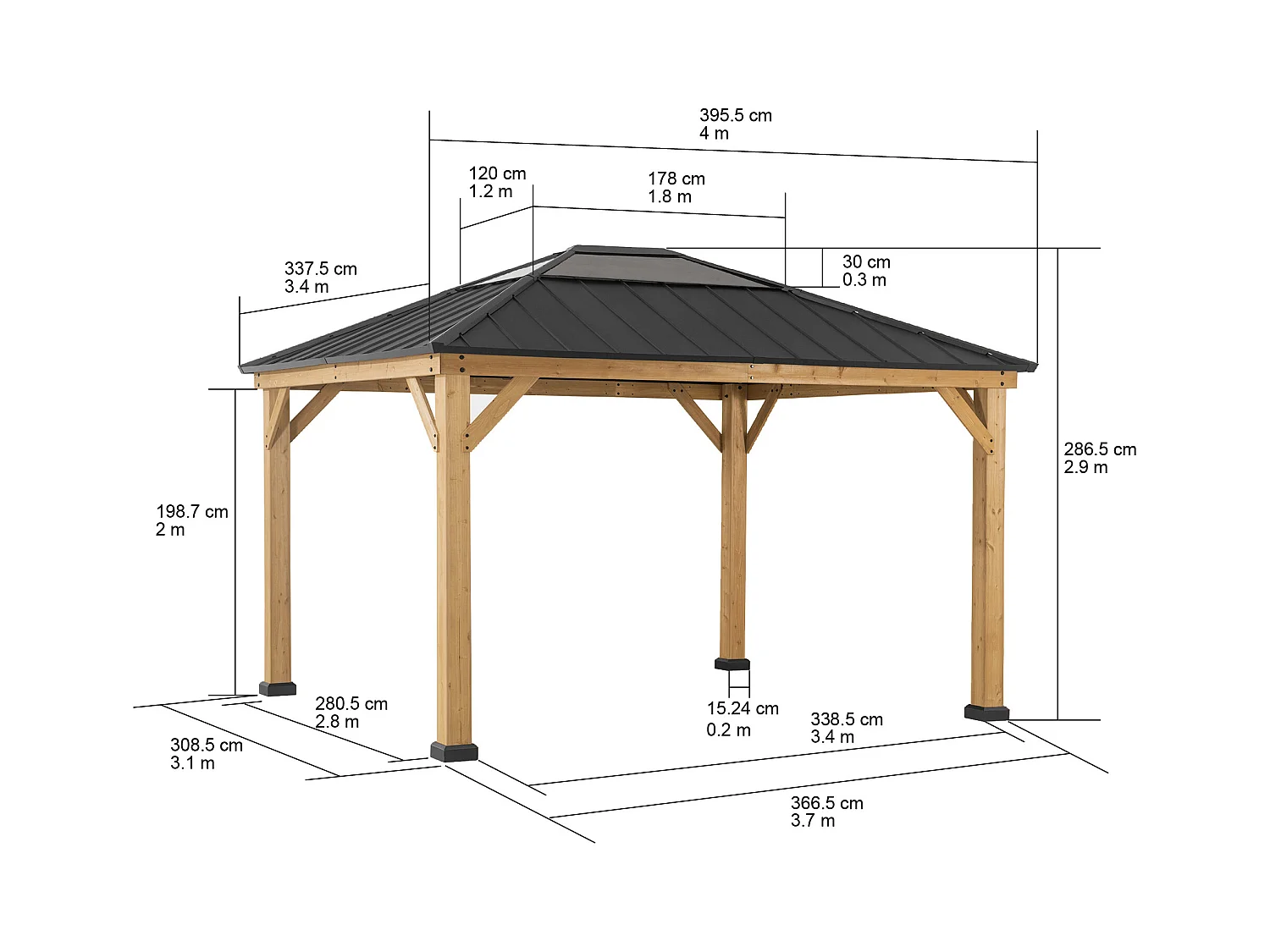 Pavillon en bois avec cadre en acier anthracite et lucarne en polycarbonate BRURI 335cm x 393cm