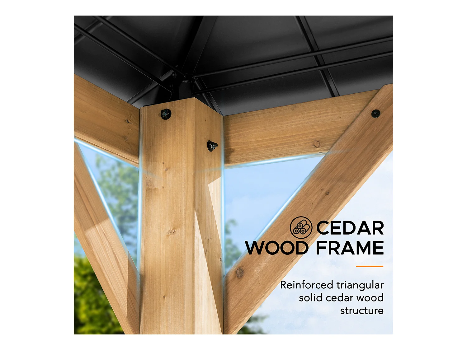 Pavillon en bois avec cadre en acier anthracite et lucarne en polycarbonate BRURI 335cm x 393cm