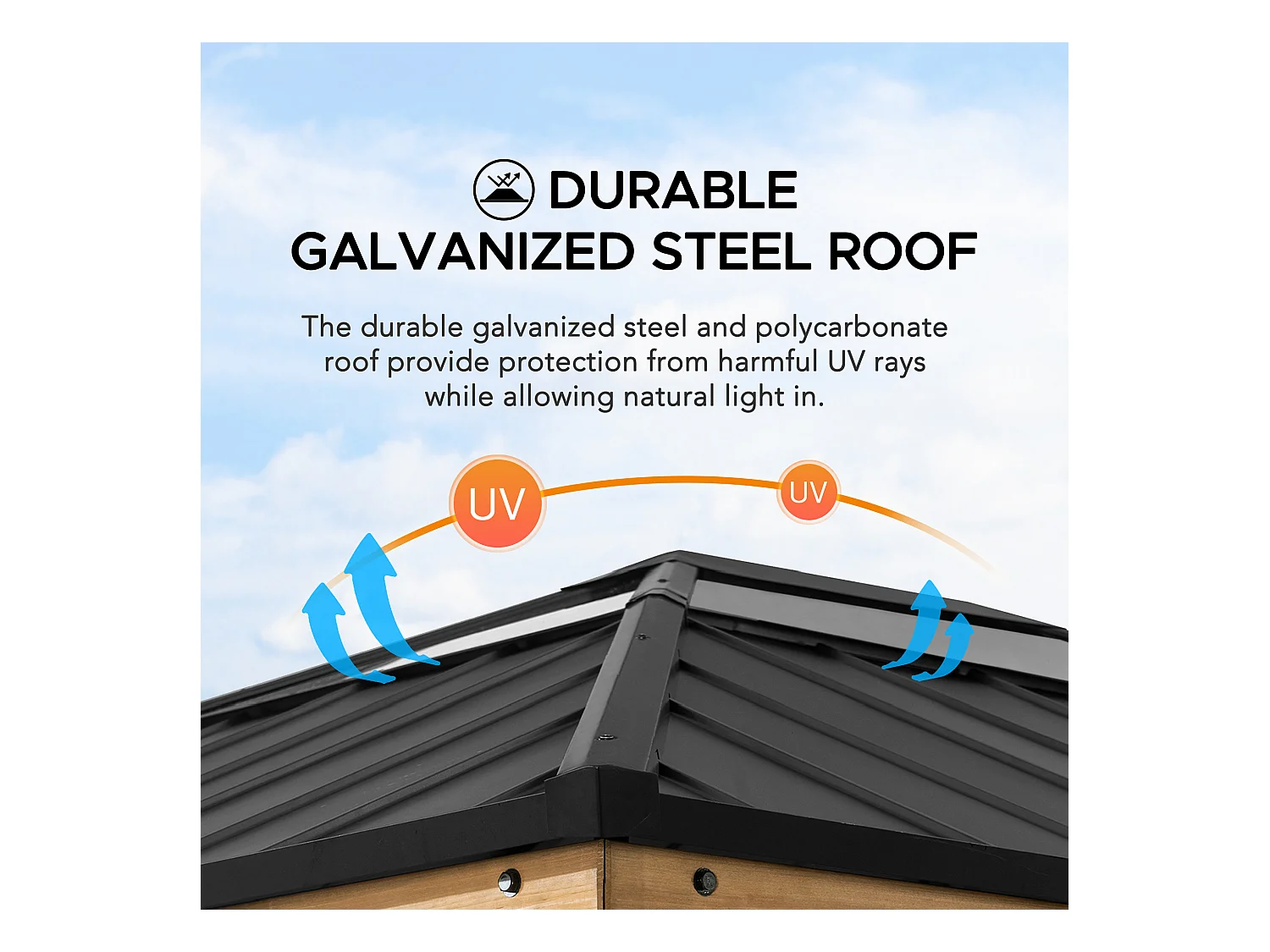 Pavillon en bois avec cadre en acier anthracite et lucarne en polycarbonate BRURI 335cm x 393cm