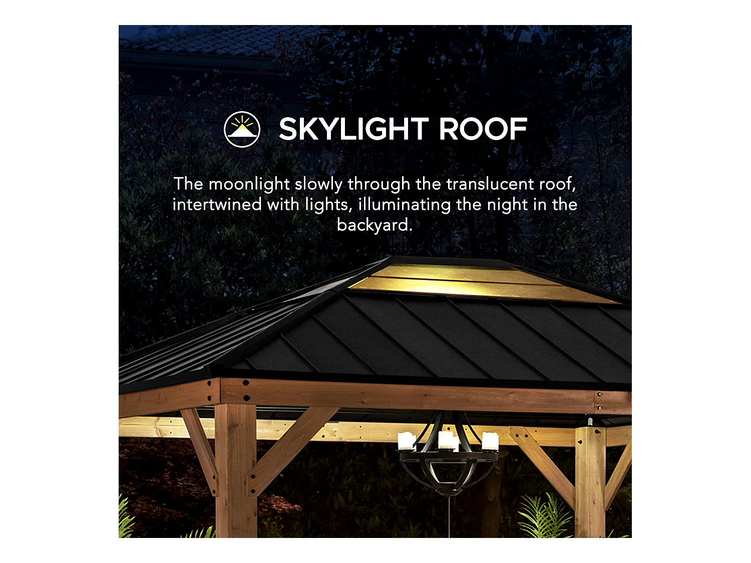 Pavillon en bois avec cadre en acier anthracite et lucarne en polycarbonate BRURI 335cm x 393cm