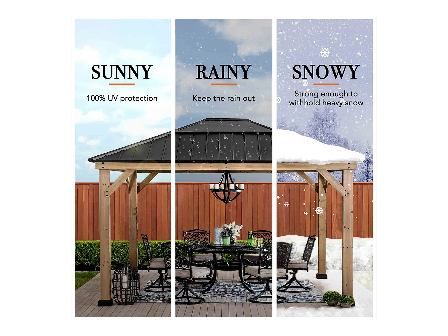 Pavillon en bois avec cadre en acier anthracite et lucarne en polycarbonate BRURI 335cm x 393cm