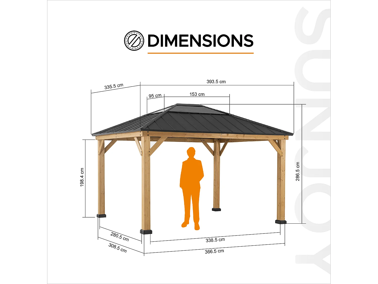 Pavillon en bois avec cadre en acier anthracite et lucarne en polycarbonate BRURI 335cm x 393cm