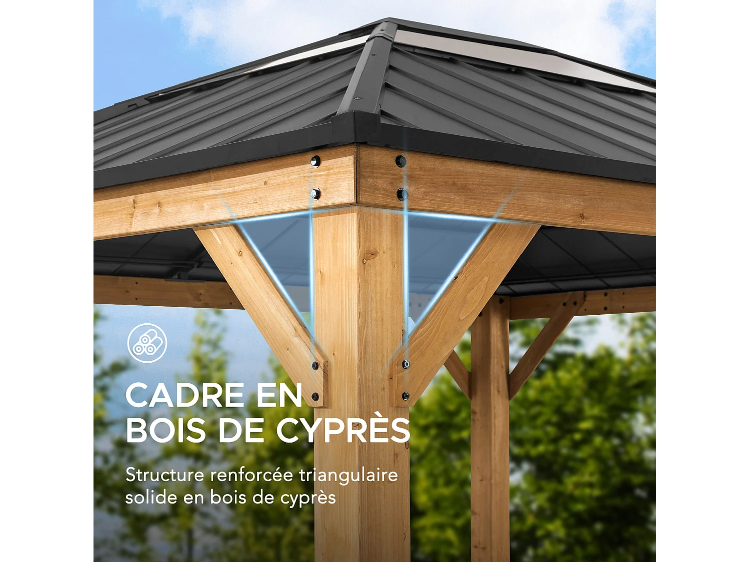 Pavillon en bois avec cadre en acier anthracite et lucarne en polycarbonate BRURI 335cm x 393cm